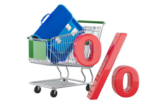 Shopping cart with school backpacks and percent sign for back to school discounts. 3D rendering