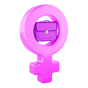 Women in business concept with female gender symbol and briefcase. 3D rendering
