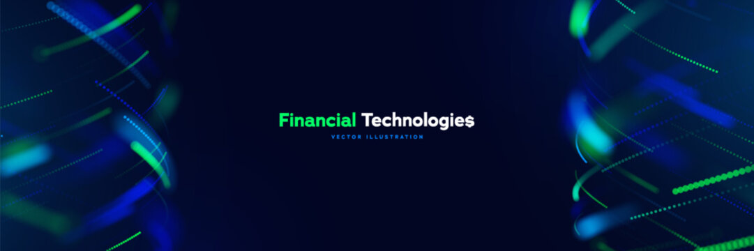 Financial Technologies Banner With Abstract Digital Data Streams, Business Finance Innovation And Fintech Transformation Concept For Growth And Modern Financial Solutions. Vector Illustration