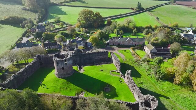 Skenfrith Castle from a drone, Monmouthshire, Wales, England, United Kingdom
