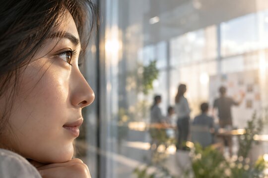 Thoughtful young Asian businesswoman looking ahead with blurred colleagues working in a sunlit modern corporate office