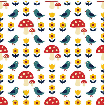 Seamless pattern of birds, mushrooms, and flowers