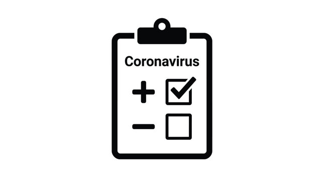 Medical clipboard icon showing positive coronavirus test results with black ink on white background in a clean flat vector style