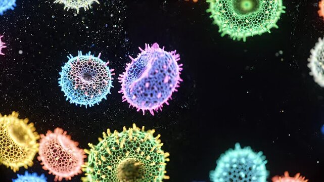 Vibrant Abstract Microorganisms Floating in a Dark Space