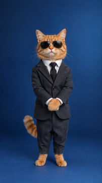 Ginger cat wearing a tailored business suit and dark sunglasses, standing professionally with paws clasped, embodying a secret agent or distinguished corporate executive