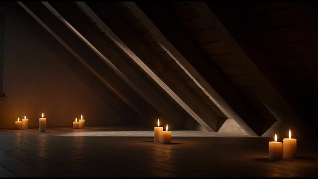 Burning candles glowing softly on wooden floor in dark cozy attic with exposed sloped beams.