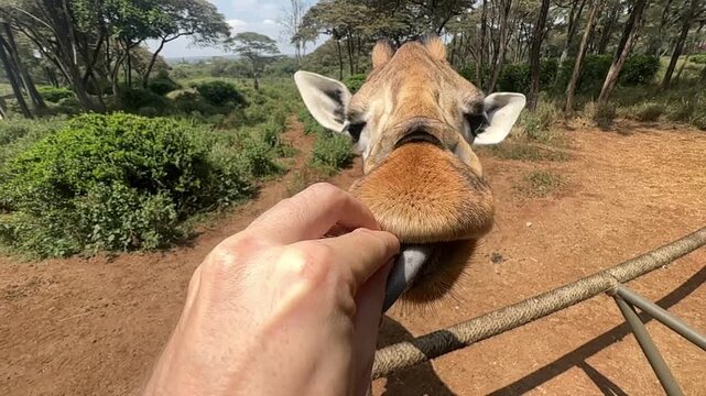 Hand feeding a Rothschild's giraffe (Giraffa camelopardalis rothschildi), slow motion, first person perspective, Giraffe Centre, Nairobi, Kenya