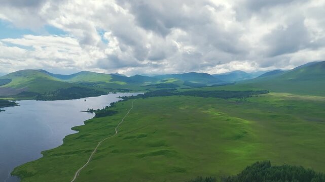 Loch Tulla and Beinn Dorain from a drone, Glen Coe, Highlands, Scotland, United Kingdom