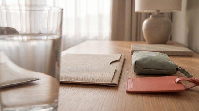travel preparation essentials, travel essentials including a first-aid kit and document sleeve on a desk