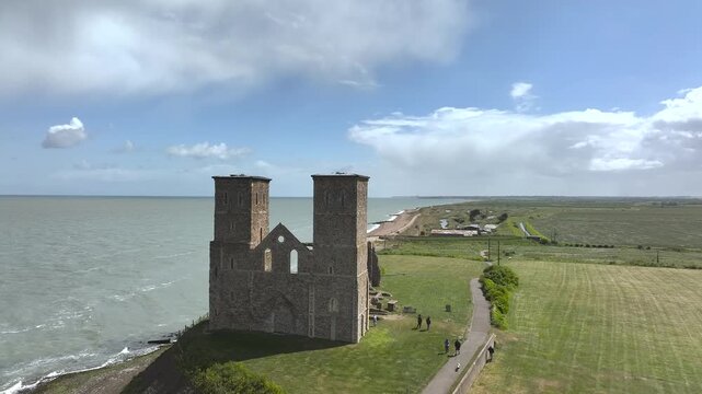 Reculver Towers and Roman Fort from a drone, Herne Bay, Kent, England, United Kingdom