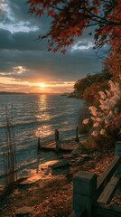 Fototapeta premium Serene Lakeside Sunset with Autumn Foliage and Old Wooden Dock