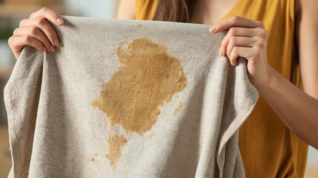 Woman holding beige fabric with a large coffee or tea stain, illustrating common household accidents and cleaning needs