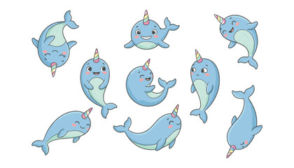 Cute cartoon narwhal character set with happy blue sea creatures swimming and jumping with colorful rainbow horns © Monzurul