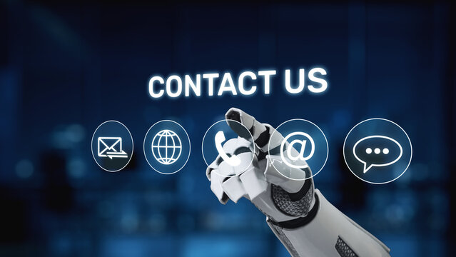A futuristic robotic hand extends towards contact icons, representing innovation in technology and modern communication methods in today digital world. Synapse