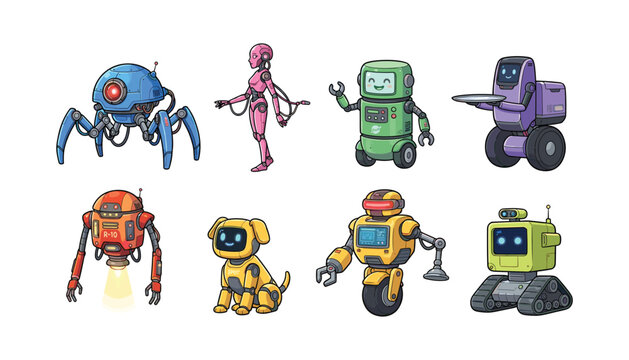 Cute cartoon futuristic robot character set with various electronic droids like spider bot robotic dog helper and mechanical cyborgs