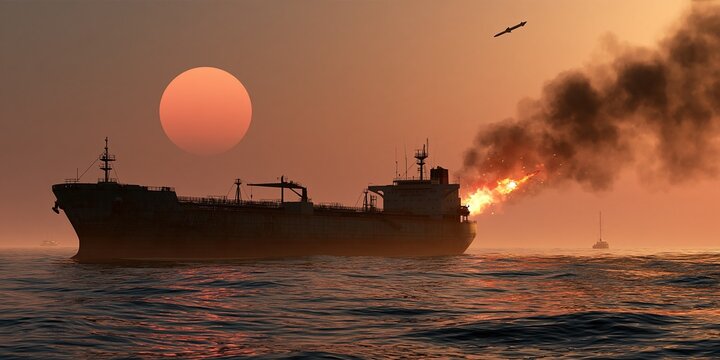 Large cargo ship at sea burning excess gas at sunset, environmental pollution concept