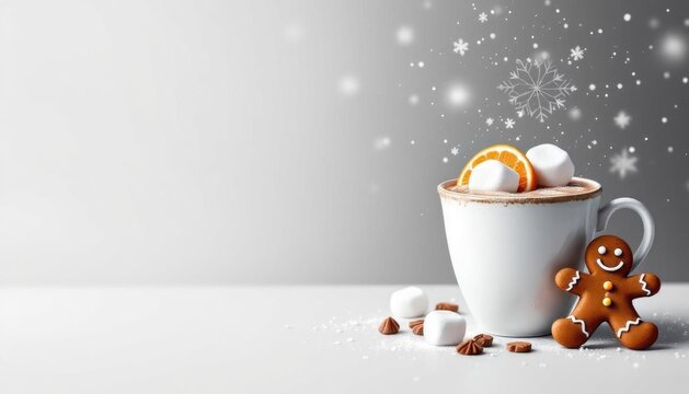 Cozy winter scene with hot chocolate, marshmallows, gingerbread man, and snowflakes