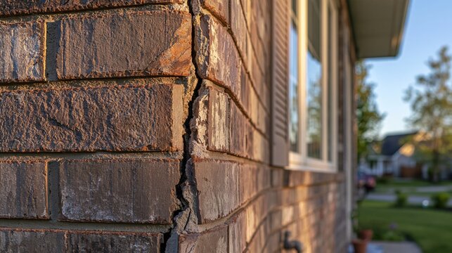 Close-up of a significant crack in the brick exterior wall of a residential building, indicating structural damage