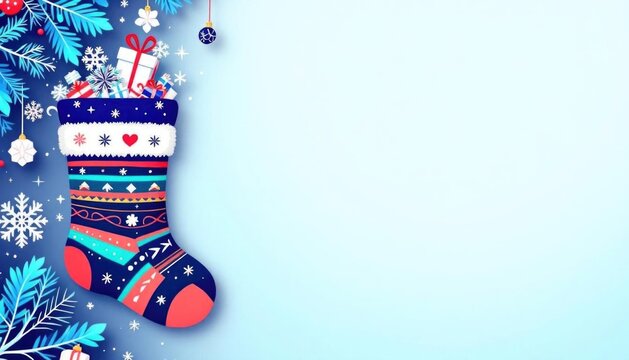 Festive christmas stocking with gifts and snowflakes on light blue background