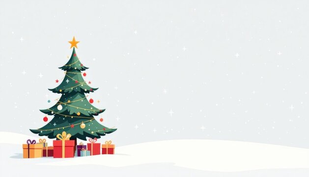 Festive christmas tree with ornaments and gifts on snowy landscape