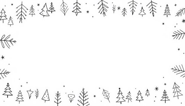 Minimalist hand-drawn winter border with various tree designs on white background