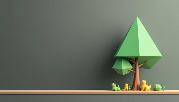 Minimalist geometric tree and dinosaur toys on shelf against gray wall