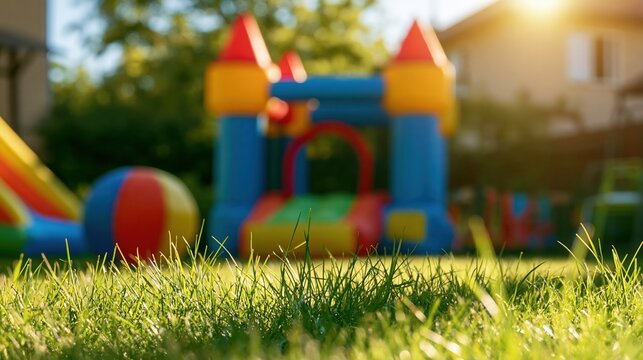 Vibrant inflatable bounce house and slide set up on a sunny green lawn for outdoor kids' party fun