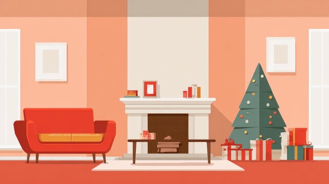 Cozy living room with christmas tree and fireplace setting