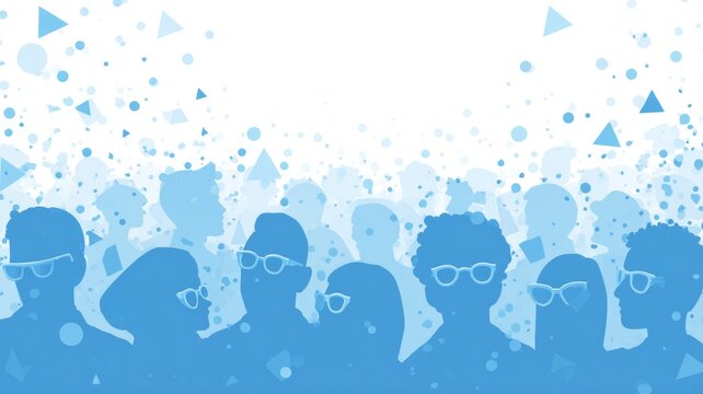 Silhouetted crowd of diverse individuals with glasses in abstract blue geometric background