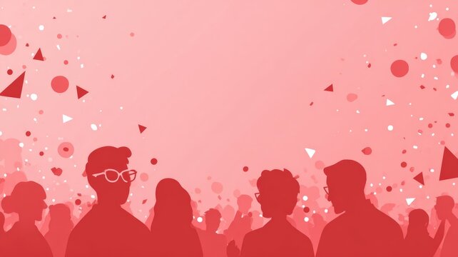 Silhouettes of a crowd against a vibrant pink backdrop with geometric accents