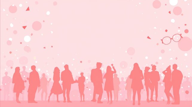 Abstract silhouettes of people in pink with floating shapes and confetti elements