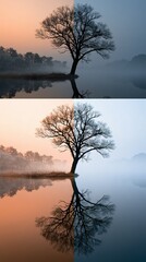 Obraz premium Serene Winter Tree Reflecting in Calm Water at Sunrise and Sunset, Split Tone Effect