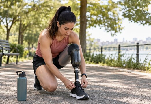 Young woman with prosthetic leg ties shoelaces while preparing for running on a sunny day in the park. concept of perseverance, fitness, adaptive sports