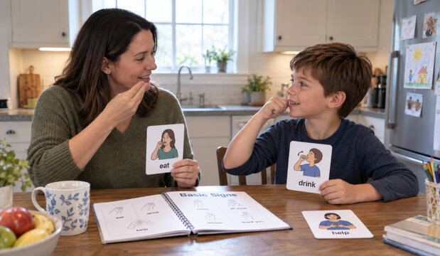 Mother and son learning sign language together at home with flashcards on a cozy afternoon. concept of family bonding, communication, educational activity