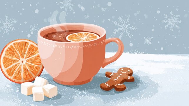 Cozy winter scene with hot cocoa, gingerbread, and snowflakes