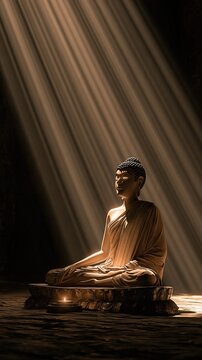 Serene figure in saffron robes meditating in a beam of divine light, embodying peace and enlightenment