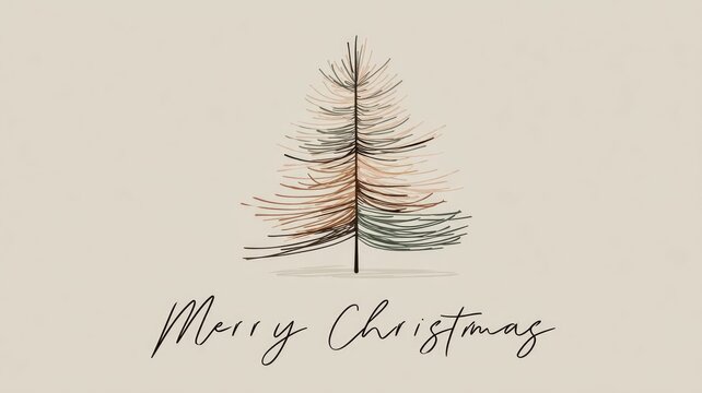 Minimalist holiday tree with "merry christmas" handwritten text on beige background