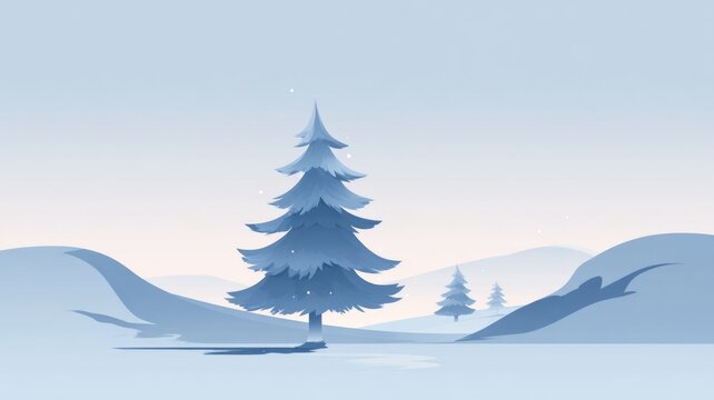 Tranquil winter scene with snowy pine trees in soft pastel blue landscape