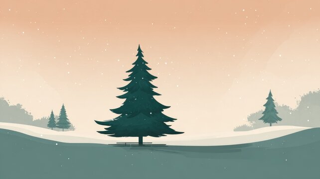 Serene winter landscape with pine trees on a snowy hill under soft pink skies