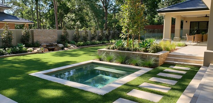 Luxurious Modern Backyard Oasis with Swimming Pool, Lush Landscaping, and Outdoor Living Area