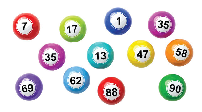 Brightly colored lottery bingo balls featuring distinct numbers arranged in a randomized pattern for gaming entertainment