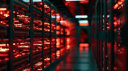 Fototapeta premium Futuristic Server Room with Rows of Glowing Red Lights and Data Racks