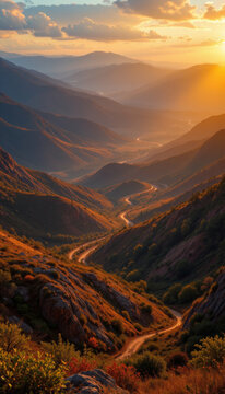 Winding mountain road sunset valley hills golden light scenic landscape nature outdoors travel adventure peaceful rural dirt path hillside autumn