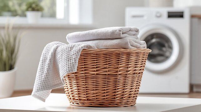 Clean White Towels Stacked in Wicker Basket Near Washing Machine in Bright Laundry Room