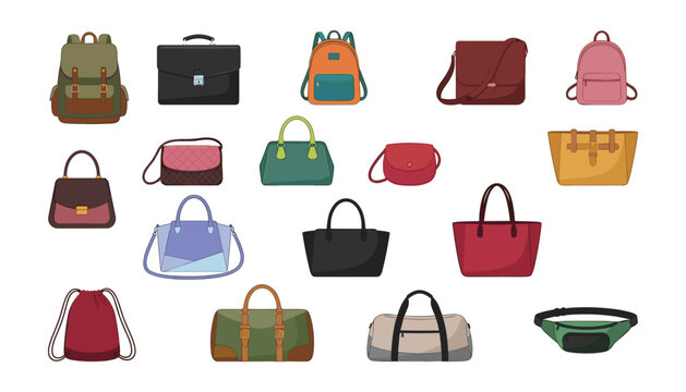 Fashionable bags and luggage vector collection with backpacks briefcases handbags purses crossboby bags satchels and waist fanny pack