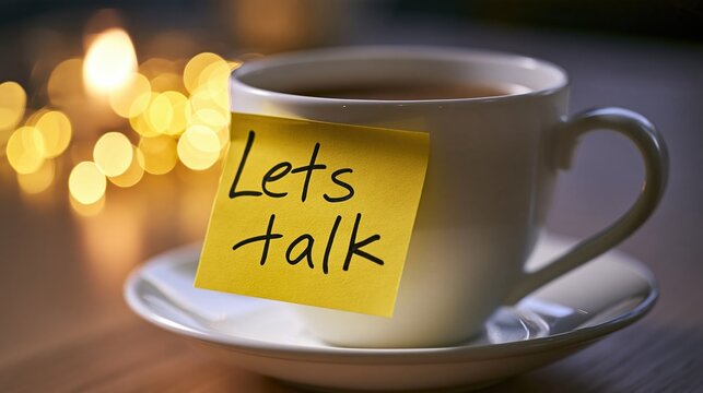 Cozy Coffee Cup with Yellow Sticky Note Saying Lets Talk, Soft Bokeh Lights Background