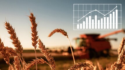 Obraz premium Golden Wheat Field Harvest with Combine Harvester and Growth Chart Overlay