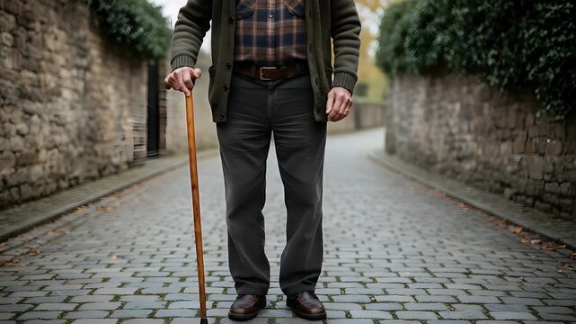 A low-angle shot of an elderly man standing on a cobblestone street, leaning on a wooden walking cane.