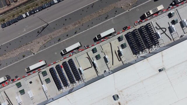 Aerial view of modern data center infrastructure and cooling units