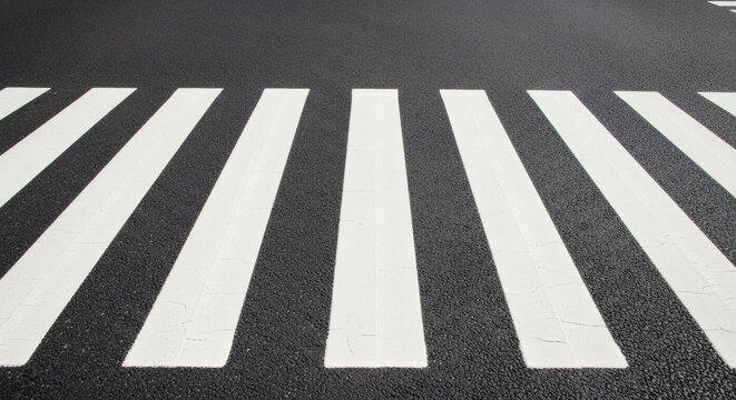 Zebra crossing marked with white painted stripes on dark asphalt road surface representing safety pedestrian passage in urban city environment